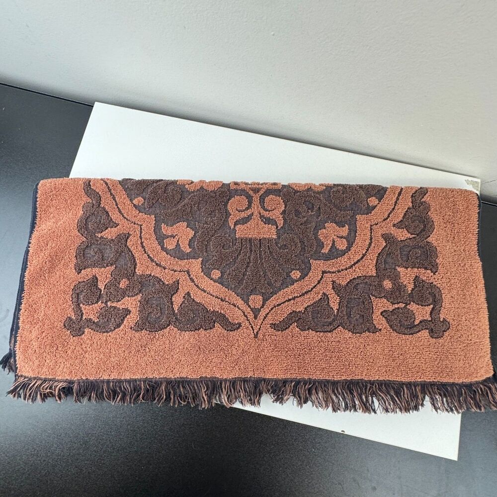 Vintage Reversible Jacquard Terry Cloth Fringed Trim Towel Rust/Navy Blue - Picture 3 of 6